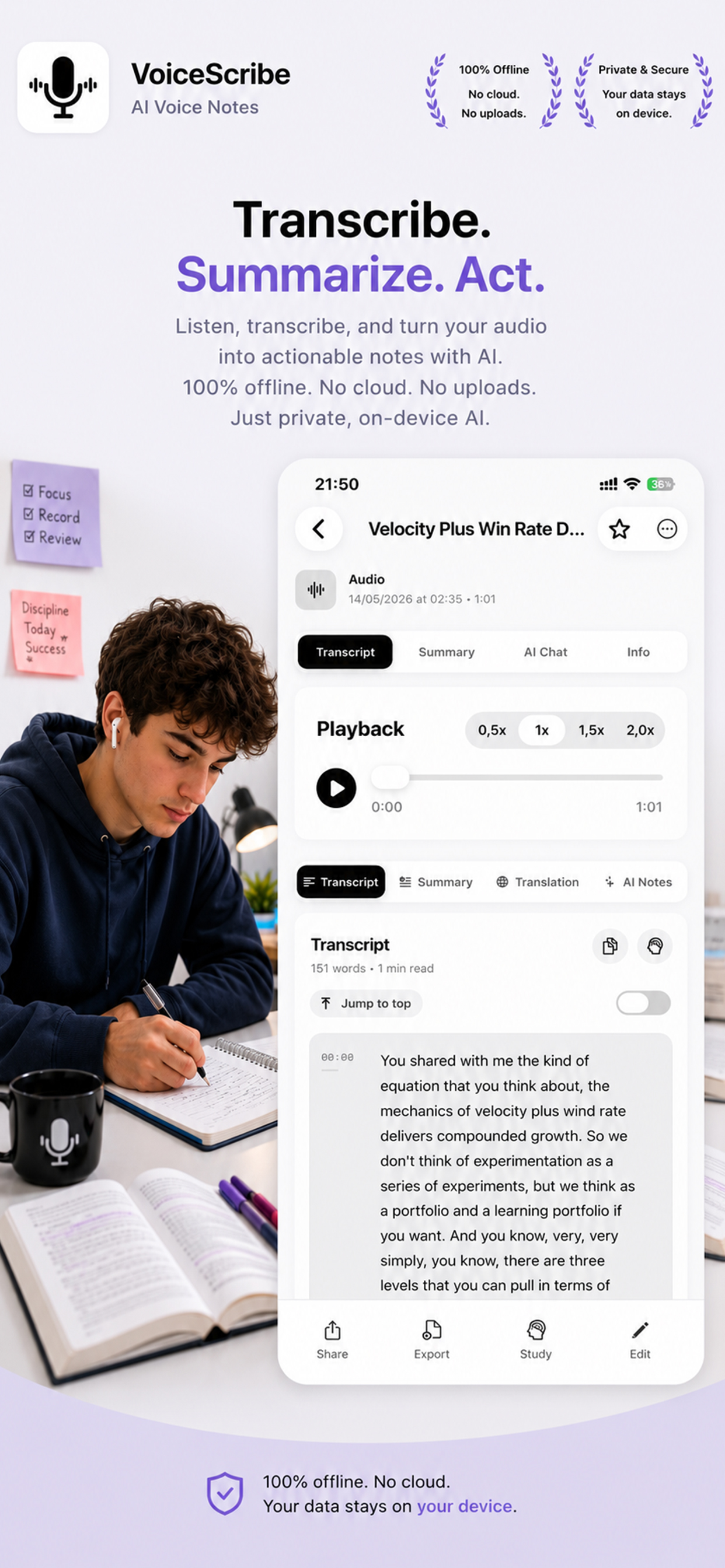 VoiceScribe transcript view showing playback, transcript, summary and AI chat tabs